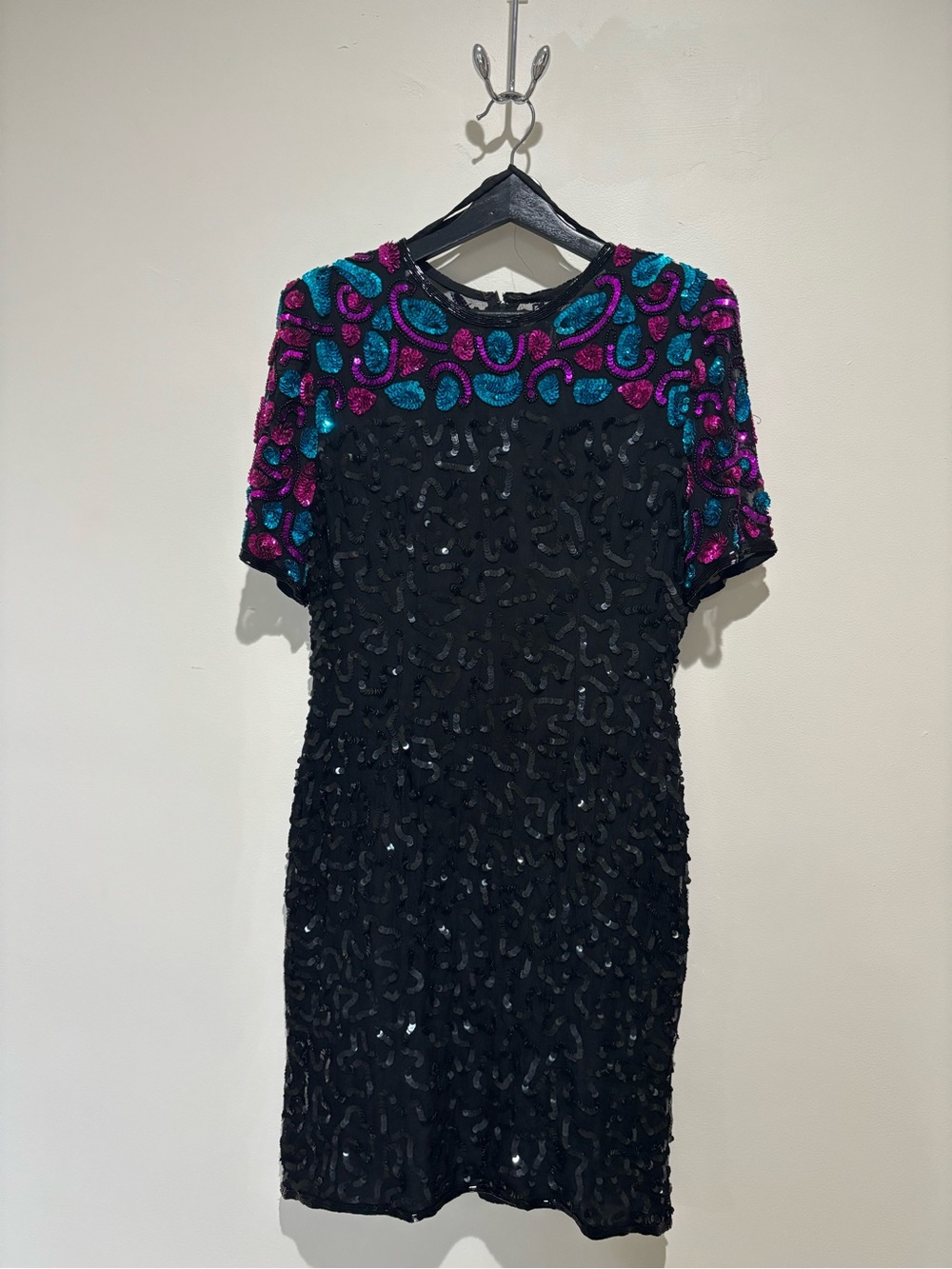 Black Sequin Dress with Teal & Fuchsia Embellished Yoke - Women